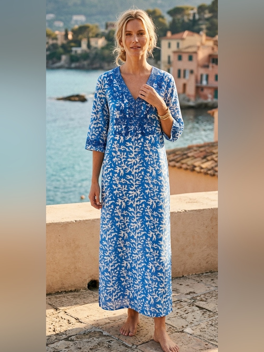 Roller Rabbit Embroidered Blue Print Caftan- size Small